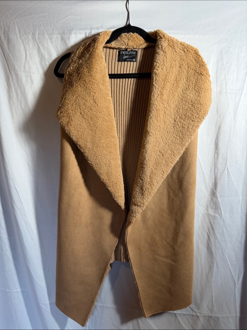 Twelfth Luxe Camel Faux-Shearling Open Front Vest
